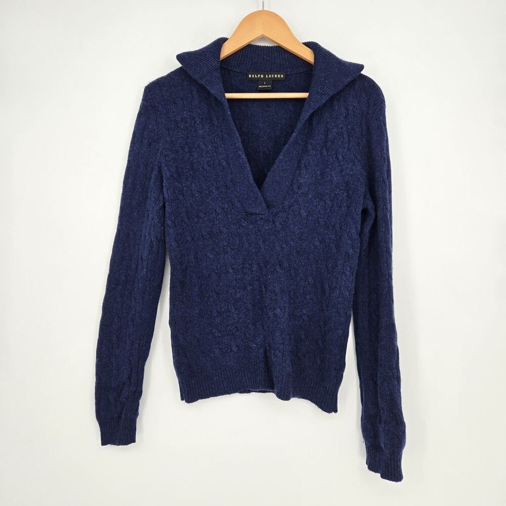 Vtg Ralph Lauren Black Label‎ 100% Cashmere Shawl Collar Sweater, blue women's M